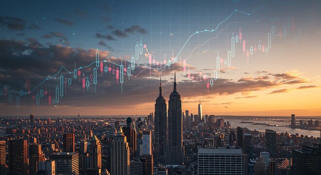 City Skyline with Financial Data Overlay at Sunset
