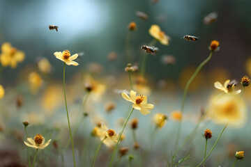 Bees and Yellow Flowers: A vibrant scene of buzzing bees flitting amongst delicate yellow flowers, capturing the essence of nature's harmony.