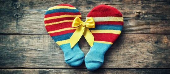 Playful heart crafted from socks and ribbon on rustic wooden surface