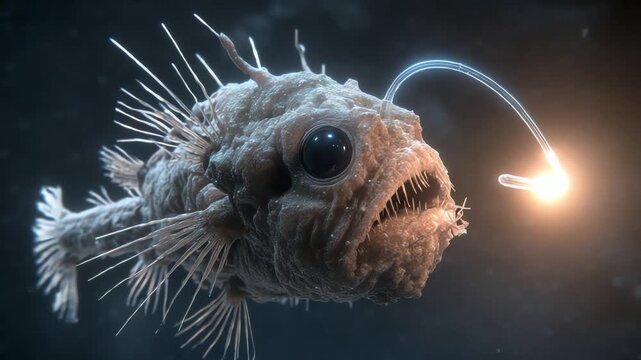 Deep Sea Anglerfish Glowing Lure Animated Visual, Underwater Predator, Marine Life Footage