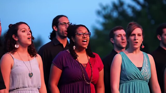 Diverse choir members singing together in an outdoor setting under a blue dusk sky