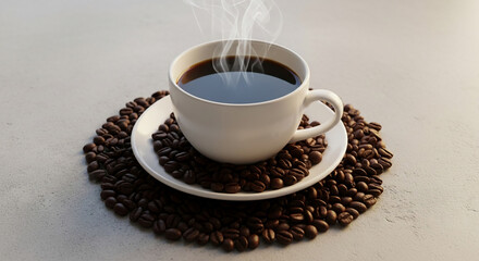 Obraz premium Steaming cup of black coffee on saucer, nestled on coffee beans, showcasing aroma and warmth, ideal for cafe or beverage concepts