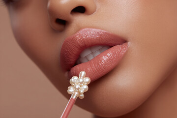 Close-up of a face with a neutral lipstick application and a beauty implement adorned with pearls touching the lower lip.