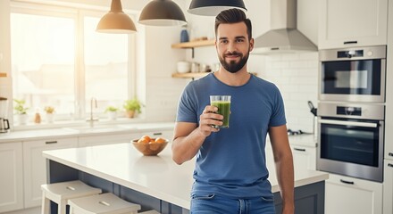 A Person with a Genuine Smile Drinking a Vibrant Green Smoothie for Freshness and Energy