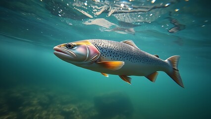 Fototapeta premium Underwater view of trout swimming in clear stream, showcasing tranquil aquatic scenery.