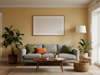 A mockup of an empty frame on the wall in a cozy living room, with a sofa and plants