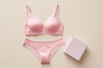 Elegant pink lingerie set with delicate lace trim, complemented by a matching box, presented on a neutral background.