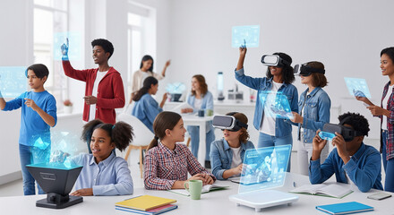 A vibrant, inspiring image depicting the future of education with a strong emphasis on interactive and personalized learning. The scene features diverse students (children or young adults) actively en