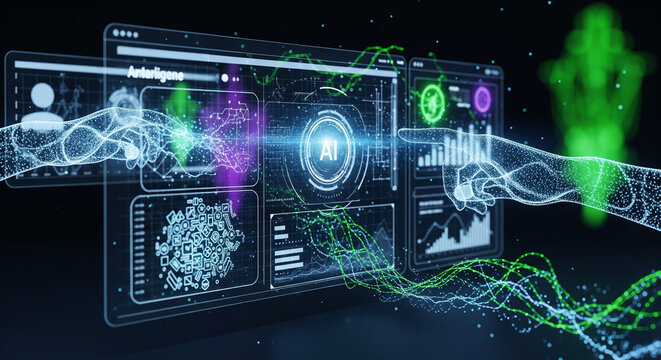 A visually captivating, futuristic image representing Artificial Intelligence (AI) or Machine Learning (ML) in action. The central element is a sophisticated, clean user interface (UI) or a holographi