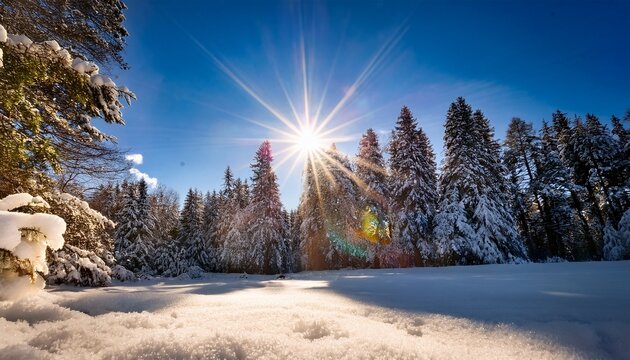 a photograph of the sun shines brightly through the snow on the ground in front of some trees