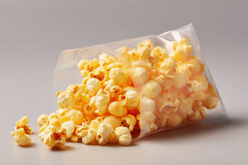 Bag of popcorn with some spilled out on the surface. Ready for a movie night snack, this bag is filled with deliciousness.