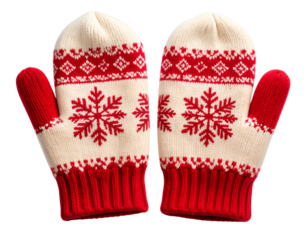 Flat Lay of Cozy Knitted Mittens with Snowflake Pattern on White Background – Winter Fashion PNG