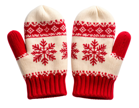 Flat Lay of Cozy Knitted Mittens with Snowflake Pattern on White Background – Winter Fashion PNG