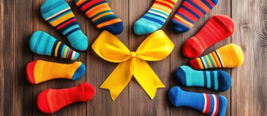 Cheerful Composition of Striped Socks and Bright Yellow Ribbon on Wood Surface