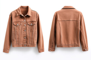 A front and back view of an unbranded light brown denim jacket with button closure against an isolated background, detailed with pockets.