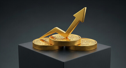 Gold coins stacked on dark gray cube, upward pointing arrow symbolizes growth and financial success, showcasing investment or wealth concept