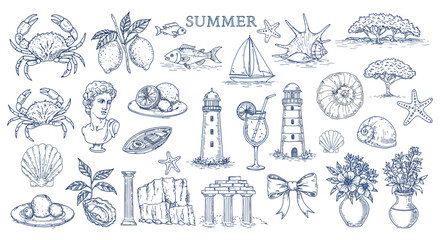 Summer Seaside Hand Drawn Nautical Elements Vector Illustration © dikifajarfadilah
