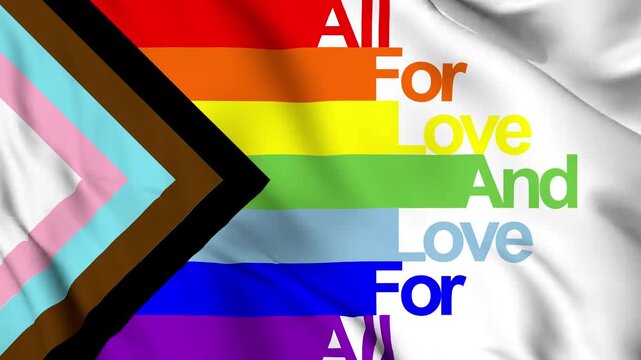 LGBTQ Rainbow Flag with Moto texts in center background, realistic flag waving in the wind, Perfect Loop 4K video.