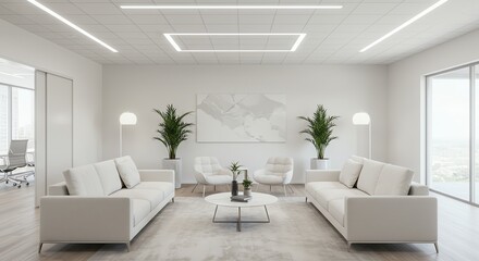 Modern Bright White Office Lounge with Comfortable Sofas and Green Plants