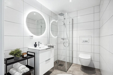 Modern bathroom interior in minimal scandinavian style, 3d render