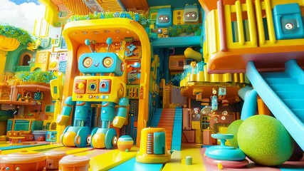 Vibrant Animated Robot World: A Colorful and Playful Scene for Children's Content