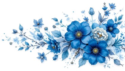 Blue floral pattern with blooming flowers on a white background for spring and garden design