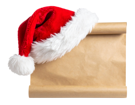  Santa Hat on Rolled Parchment Scroll – Symbolic Christmas Wish List PNG