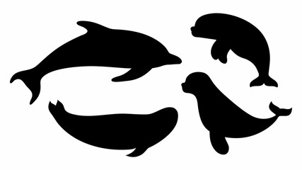 Silhouette illustration showcasing a dolphin and three seals in various poses against a white background | editable eps vectors