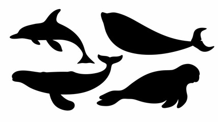 Silhouette illustration showing a dolphin, whale, walrus and other marine mammals against a white background | editable eps vectors
