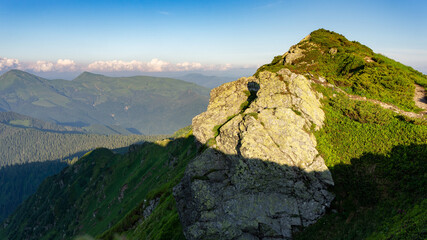 A sunlit rocky ridge covered with alpine shrubs overlooks deep forested valleys and distant green mountains under a clear blue sky in this scenic high-altitude landscape