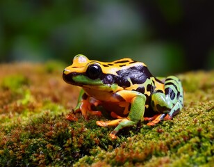 Naklejka premium vibrant green and yellow frog with black spots sits on mossy ground