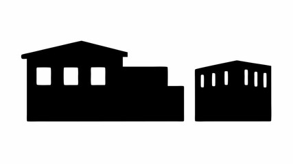 Silhouette of two buildings with gabled roofs and rectangular windows against a white background design image | editable eps vectors