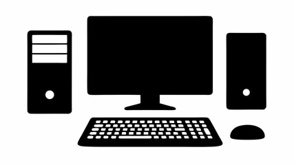 Computer setup featuring a monitor keyboard mouse and two towers in a simple black and white design style | editable eps vectors silhouette