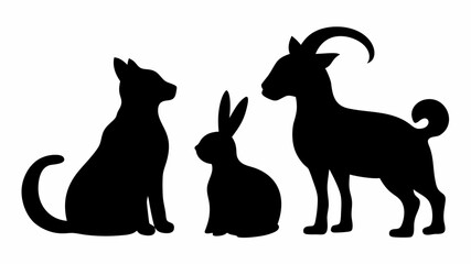Silhouette illustration of a cat rabbit and goat standing side by side against a white background view | editable eps vectors