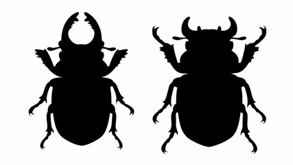 Two beetle silhouettes with distinct horn shapes showcasing insect diversity and anatomical features in black | editable eps vectors