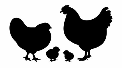 Silhouette depiction of a hen and rooster with two chicks standing together in a farm scene design | editable eps vectors