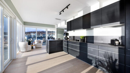 Modern luxury kitchen interior in minimal scandinavian style, 3d render