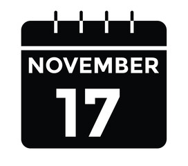 17 November, calendar date icon. 17 November Calendar Date for Deadlines or Appointment. Day, month. vector illustration.
