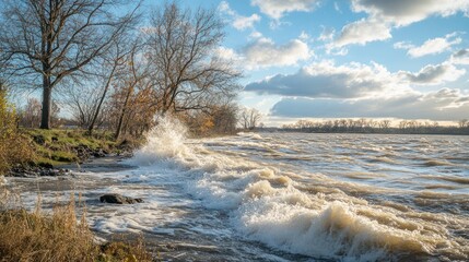 turbulent river scene, waves crashing against a riverbank under a dynamic sky
