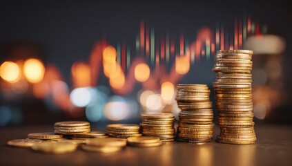 Stacks of golden coins rise against a blurred financial chart, symbolizing growth, investment, and economic prosperity.