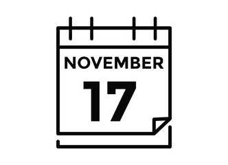 17 November, calendar date icon. 17 November Calendar Date for Deadlines or Appointment. Day, month. vector illustration.

