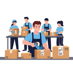 Group of workers packing boxes on a conveyor belt, sealing them with tape, preparing for shipping in a warehouse setting.