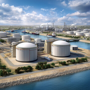 LNG Facility With Risk Warnings Along Coastal Waterway Showcasing Infrastructure and Safety Measures