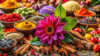 Fototapeta premium A delicate wildflower blooming amidst a colorful array of exotic spices and fragrances in a lush, vibrant environment, surrounded by natural textures and hues , scent, fragrance