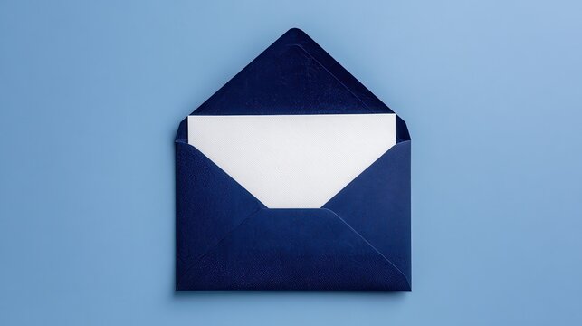 A 4K photo of open navy blue envelope with blank white card inside on solid background, mockup design template, flat lay.