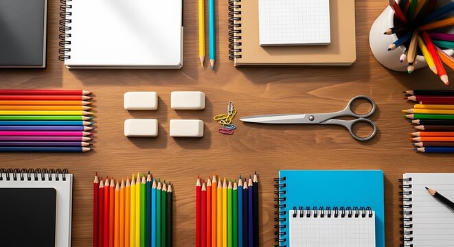 Overhead view of colorful pencils notebooks erasers and scissors on a wooden surface arranged neatly