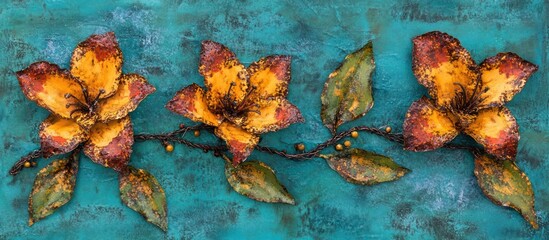 Botanical Rhapsody: Sculptural Flowers on a Patinated Teal Canvas Background