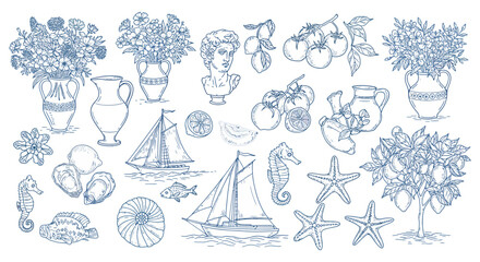 Obraz premium Elegant Mediterranean summer collection of vector art elements
