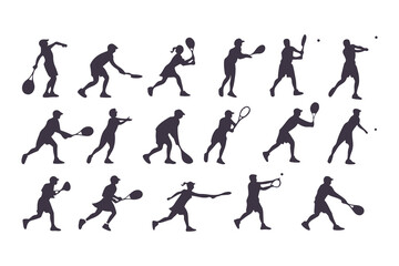 Silhouette Set of Tennis Players in Various Action Poses, Collection of Sporty Men and Women Playing Tennis, Vector Illustration