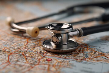A medical stethoscope rests on a detailed map, symbolizing healthcare access and global health challenges.